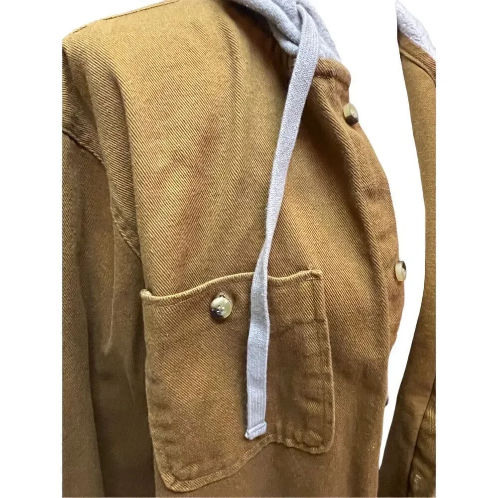 Valor Collective Canvas Denim Tan Button Down Jacket With Gray Hood Size Medium-